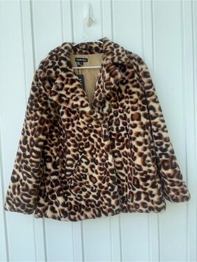 kimberly.c Faux Fur Leopard Print Fuzzy Fleece Jacket Coat S/M Snap Front